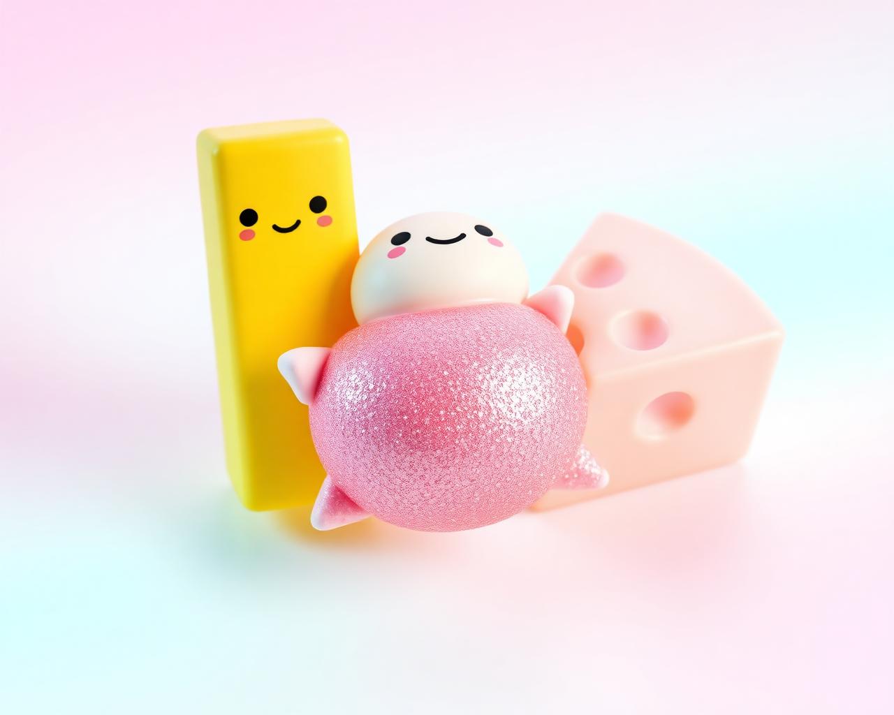 Butter, glitter dumpling and cheese squishy toys together